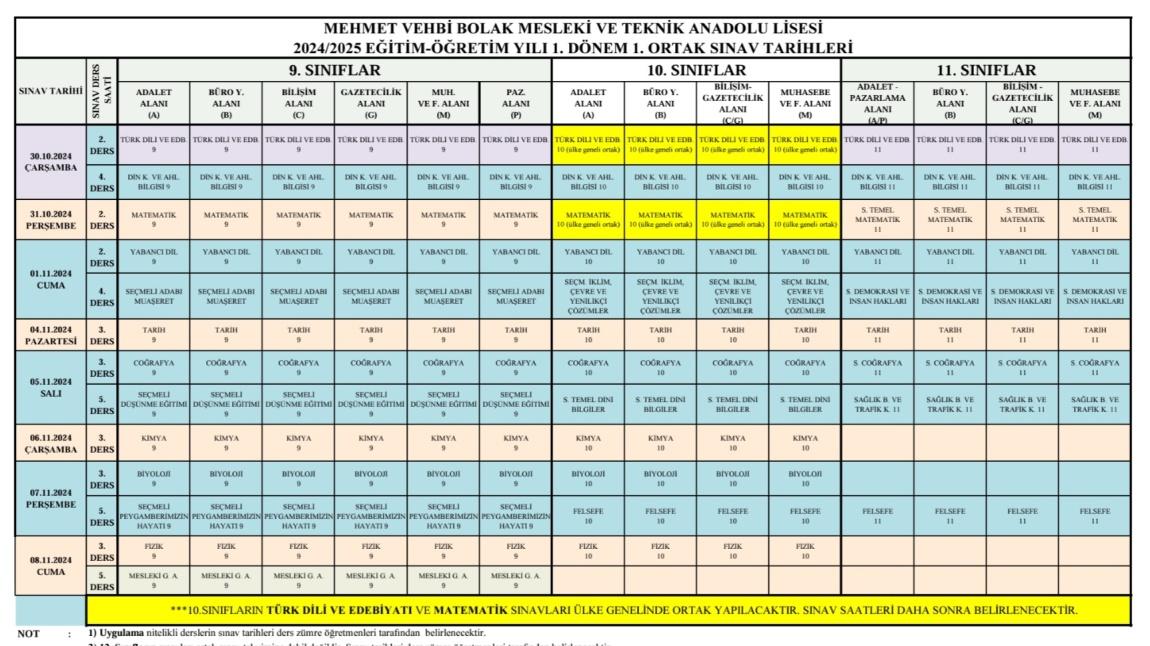 2024-2025 1.DÖNEM 1.ORTAK SINAV TAKVİMİ