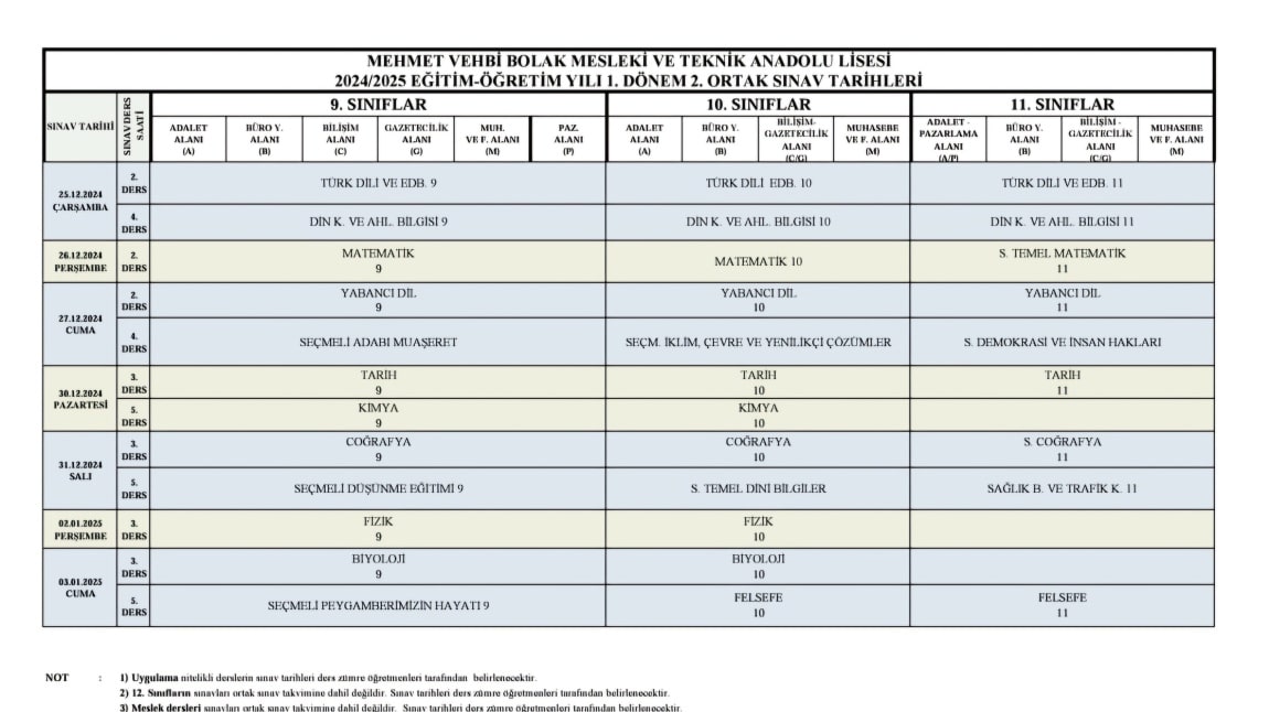 2024-2025 1.DÖNEM 2. SINAV TAKVİMİ