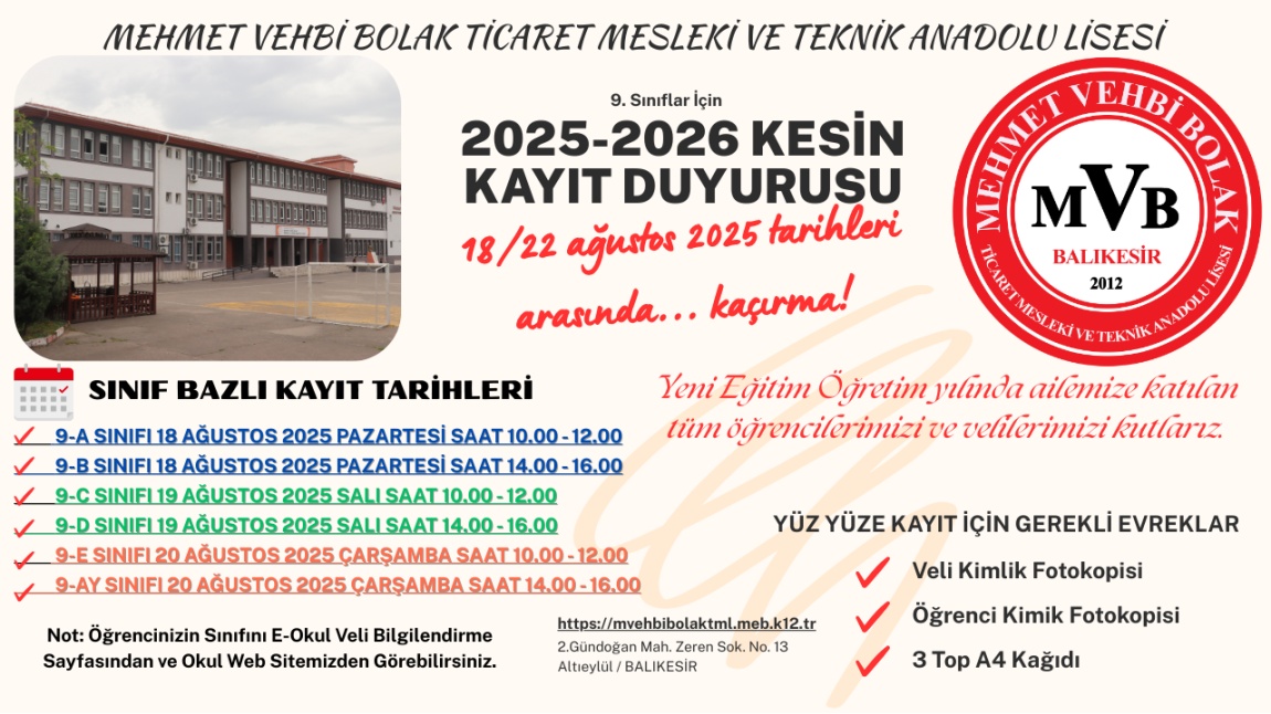 2025-2026 EĞİTİM ÖĞRETİM YILI 9.SINIFLAR YÜZYÜZE KESİN KAYIT DUYURUSU